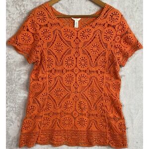 Boho Women's Lace Top Orange Festival Blouse Women Medium Eyelet Fall Knitted
